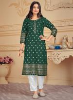 Cotton Green Traditional Wear Foil Print Readymade Kurti With Pant